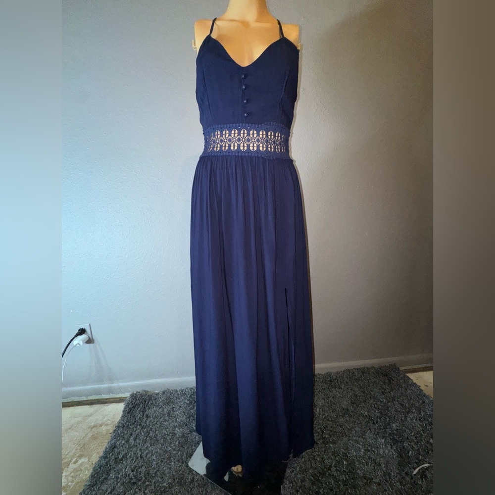 a'gaci Deep Blue Maxi Dress with Lace Detail